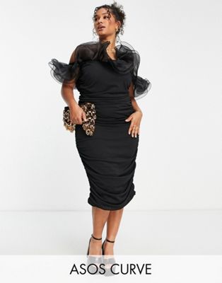 Черное платье миди на одно плечо с проволокой и сборкой на одно плечо ASOS LUXE Curve ASOS Luxe