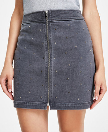 Women's Studded Zip-Front Denim Miniskirt, Created for Macy's Bar III