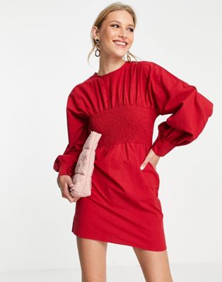 Красное платье мини с пышными рукавами и рюшами спереди Ghospell Ghospell