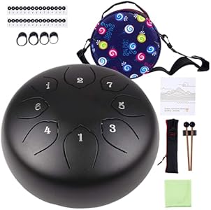 Steel Tongue Drum Kids Instrument: Musical Metal Tank Drums Set 6 Inch 8 Notes C-Key for Meditation Yoga Education Percussion with Bag, Music Book, Mallets, Finger Picks(Black) Musfunny