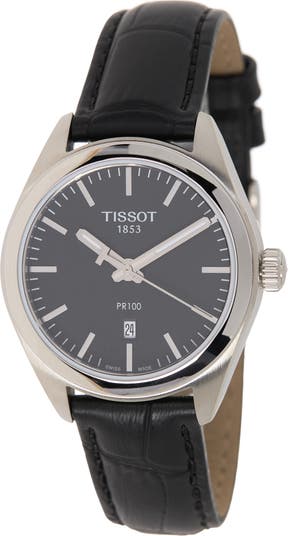 Женские часы PR 100 с черным кожаным ремешком с тиснением под аллигатора, 31,75 мм Tissot