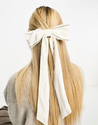 Белая длинная бархатная заколка для волос с бантиком и стразами My Accessories London My Accessories