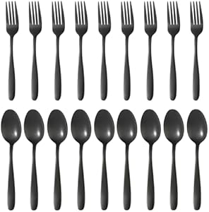 24-piece Black Forks and Spoons Silverware Set, Food Grade Stainless Steel Flatware Cutlery Set for Home, Kitchen and Restaurant, Black Spoons and Forks Set, Black Dinner forks Mirror Polished (Black) Amafox