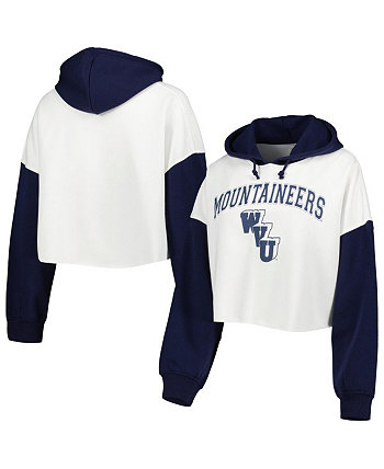 Women's White, Navy West Virginia Mountaineers Good Time Color Block Cropped Hoodie Gameday Couture