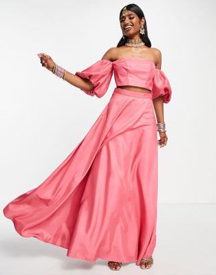 Ярко-розовая атласная юбка лехенга ASOS DESIGN — часть комплекта ASOS DESIGN