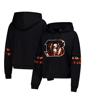 Women's Black Cincinnati Bengals Cropped Sequins Pullover Hoodie Cuce