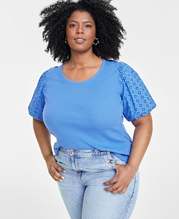Trendy Plus Size Eyelet Elbow-Sleeve T-Shirt, Created for Macy's On 34th