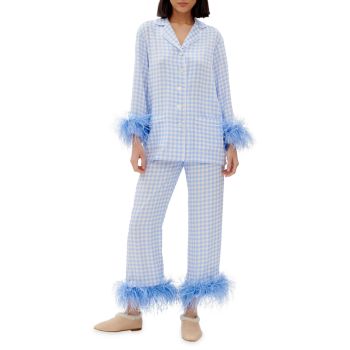 Feather-Embellished Gingham Pajama Set Sleeper