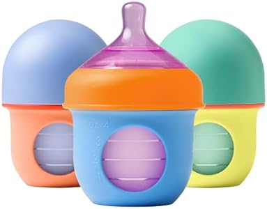 Boon Nursh Reusable Silicone Pouch Baby Bottles - Slow Flow Nipple - Silicone Baby Bottle Pouch and Nipple - Baby Feeding Essentials - Blue - 0-3 Months - 3 Count - 4 Ounce Boon