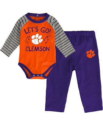 Infant Boys and Girls Orange, Purple Clemson Tigers Touchdown 2.0 Raglan Long Sleeve Bodysuit and Pants Set Genuine Stuff