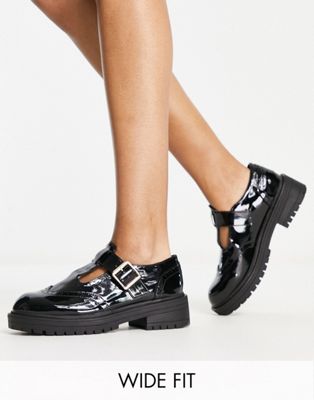 Черные лакированные туфли на массивной подошве с Т-образным ремешком Schuh Wide Fit Luca Schuh