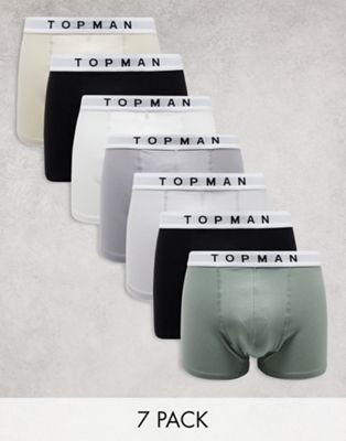 Topman 7 pack trunks in black, white, gray, light gray, stone and green with white waistband TOPMAN