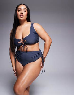 ASOS DESIGN Curve Sierra high waist bikini bottom with ties in slate gray ASOS Curve