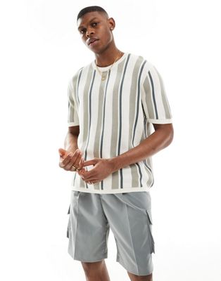 Bershka knit striped t-shirt in khaki  Bershka