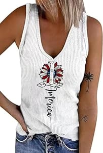 Womens American Flag Button V-Neck Tank Coloful Printed Sleeveless Patriotic Shirts Summer Tops Earlymemb