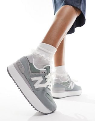 Зеленые кроссовки на платформе New Balance 574+ с серо-белыми деталями New Balance