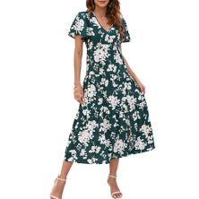 Women's Bohemian Floral Printed V Neck Ruffle Hem A-line Short Sleeve Split Beach Party Maxi Dress Kojooin