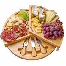 Bamboo Cheese Board and Knife Set - 14 Inch Swiveling Charcuterie Board with Slide-Out Drawer - Cheese Serving Platter, Round Serving Tray Blauke