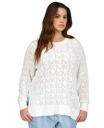 Plus Size Logo Mesh-Stitch Monogrammed Sweater Michael Kors