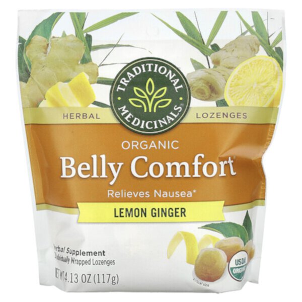 Organic Belly Comfort, Лимон и имбирь, 30 пастилок в индивидуальной упаковке, 4,13 унции (117 г) Traditional Medicinals