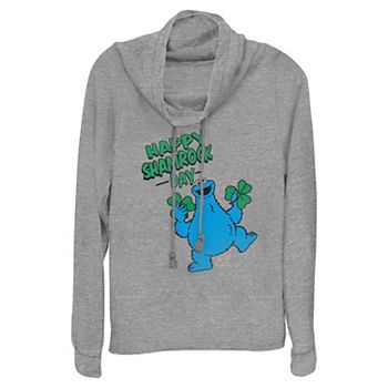 Women's PBS Kids Sesame Street Cookie Monster Happy Shamrock Day Cowlneck Graphic Lightweight Long Sleeve PBS Kids