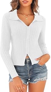 ZAFUL Women's Zip Up Sweater Long Sleeve Polo V Neck Ribbed Knit Slim Cropped Sweater Pullover Jumper Tops Zaful