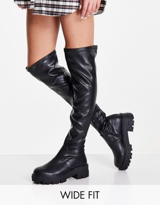 Glamorous Wide Fit over-the-knee flat boots in black stretch  Glamorous Wide Fit