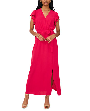 Women's V-Neck Flutter-Sleeve Belted Maxi Dress MSK
