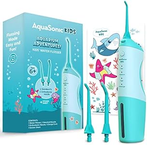 AquaSonic Kids' Water Flosser for Ages 6+ | Standard Nozzle, Orthodontic Nozzle & Waterproof Stickers | 4 Flossing Modes | Aquarium Adventures Theme (Blue) AQUASONIC