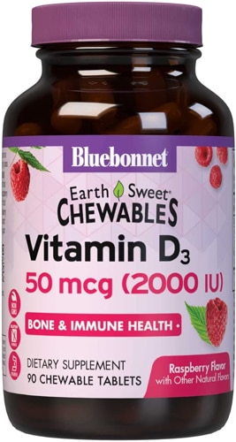 Витамин D3, Натуральная малина - 2000 МЕ - 90 жевательных таблеток - Bluebonnet Nutrition Bluebonnet Nutrition