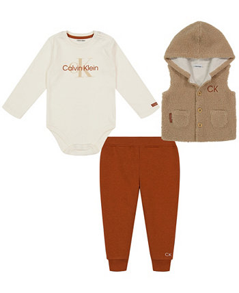 Комплект из трех предметов: боди с длинными рукавами, джоггеры и берберский жилет с капюшоном для маленьких мальчиков Calvin Klein