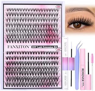 FANXITON DIY Lash Extension Kit Fluffy Lash Clusters 288 pcs Thick Lash Clusters Kit D Curl 10-18 mm Cluster Eyelash Extension Kit with Lash Bond and Seal Lash Tweezers Individual Lashes For Beginners FANXITON