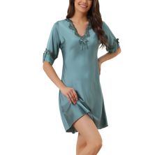 Womens Satin Pajama Dress Lace V Neck 3/4 Sleeve Lingerie Silky Sleepwear Lounge Nightgowns Cheibear
