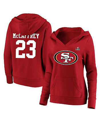 Женский флисовый пуловер с капюшоном Christian McCaffrey Scarlet San Francisco 49ers Super Bowl LVIII размера плюс, имя и номер игрока, флисовый пуловер с v-образным вырезом Fanatics
