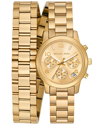 Женские часы с хронографом для подиума, золотистые часы из нержавеющей стали с двойным браслетом, 34 мм Michael Kors