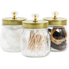 Glass Vanity Canisters with Gold Lids, Mason Jar Bathroom Set (3 Pack) Farmlyn Creek