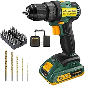 ALEAPOW D10 Cordless Brushless Drill, 20V Drill Driver Kit, 2-Speeds(0-1650RPM), 350 In-lbs, 3/8” Keyless Chuck, 20+1 Torque Setting, 2.0Ah Battery, Charger, LED, 38 Pcs Drill/Driver Bits ALEAPOW