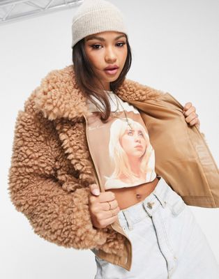 Wednesday's Girl cropped boxy jacket in brown fluff Wednesday's Girl