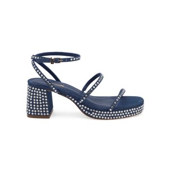 Gio Crystal-Embellished Denim Platform Sandals Larroudé