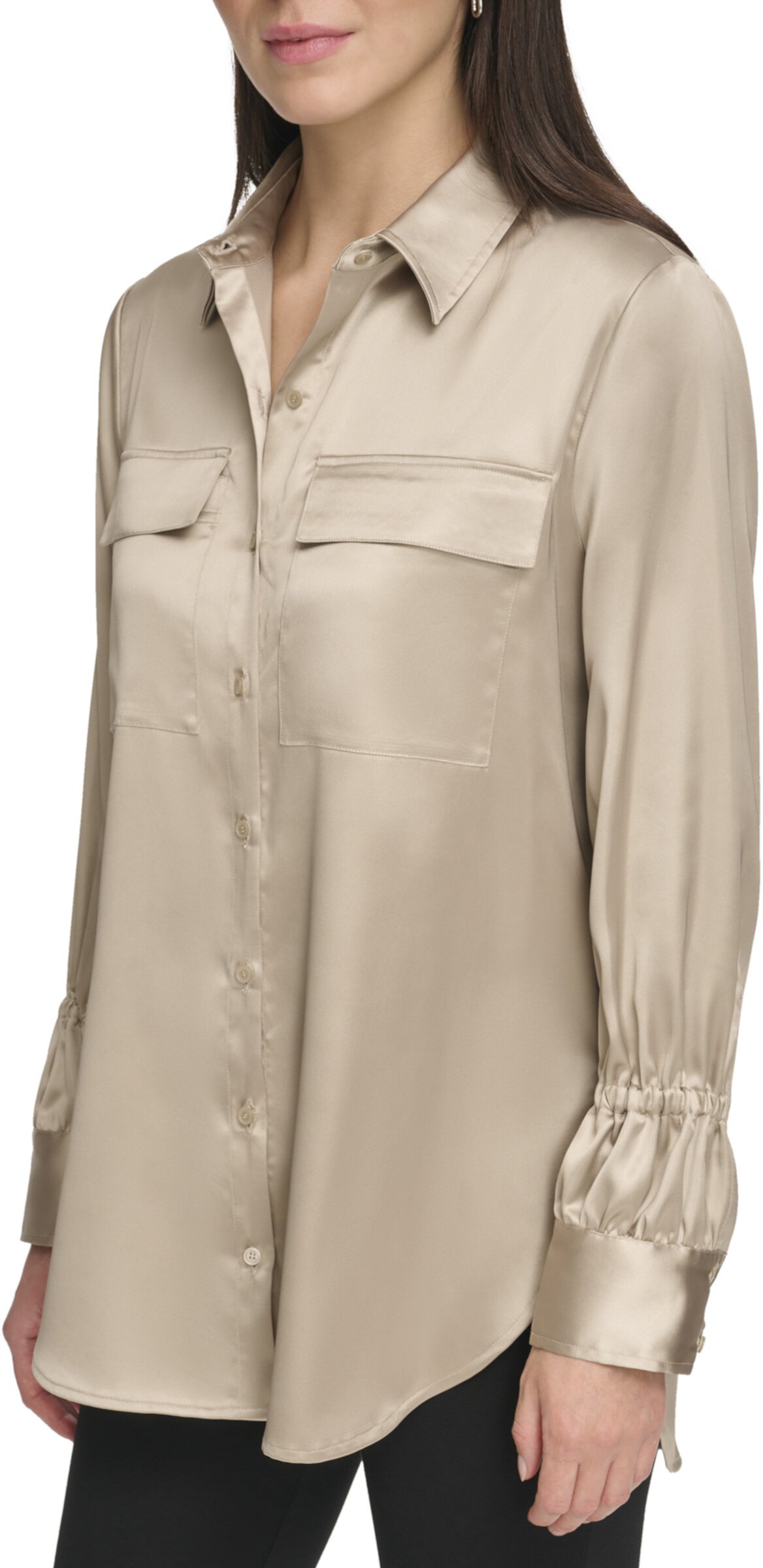 Блуза на пуговицах с длинными рукавами и двумя карманами спереди DKNY