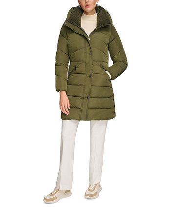 Женское эластичное пуховое пальто с капюшоном и воротником из искусственной шерпы для миниатюрных размеров, созданное для Macy's Calvin Klein
