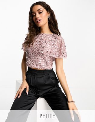 Beauut Petite Bridesmaid embellished top with flutter back in frosted pink Beauut