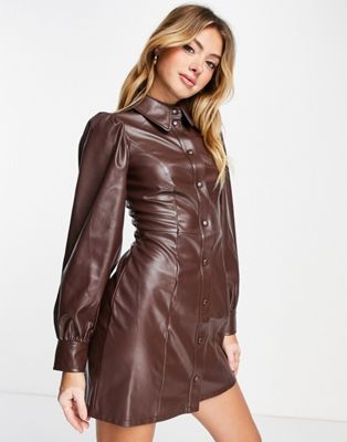 Шоколадное платье-рубашка из искусственной кожи с длинными рукавами Miss Selfridge Miss Selfridge