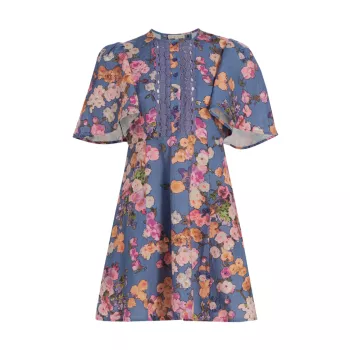 Цветочный лен и amp; Хлопковое расклешенное мини-платье BYTIMO