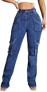 Floerns Women's Casual Flap Pocket High Waist Jeans Workout Denim Cargo Pants Floerns