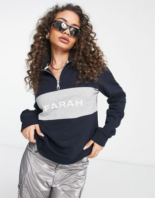 Farah Orford quarter zip logo cotton boyfriend fit sweatshirt in true navy Farah