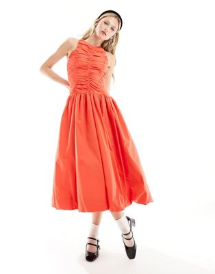 Amy Lynn Elodie utility ruffle midi dress with puffball skirt in blood orange Amy Lynn
