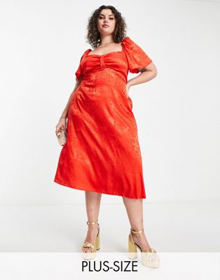 Атласное платье миди красного жаккардового цвета с развевающимися рукавами Flounce London Plus Flounce London