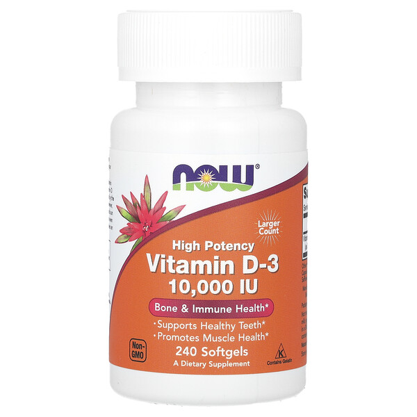 Витамин D-3, 250 мкг (10 000 МЕ), 240 мягких таблеток NOW Foods