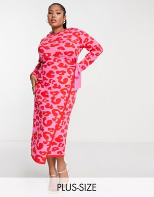 Розово-красное трикотажное платье миди с запахом и леопардовым принтом Never Fully Dressed Plus NEVER FULLY DRESSED